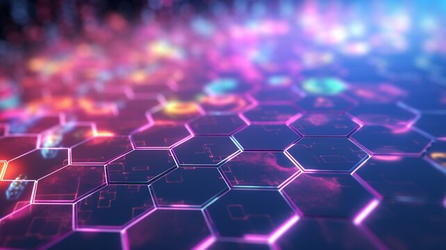 A vibrant network of interconnected hexagons pulsating with energy and data, glowing with pink and blue hues in a futuristic digital landscape.