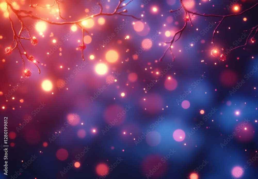 Poster vibrant bokeh lights with soft glows and ethereal colors surrounded by delicate branches against a d