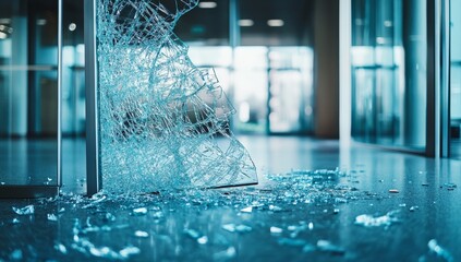 Broken glass office door, shattered interior, security breach