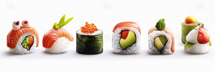Fresh sushi rolls with salmon and variant style on a white background, unique icon set