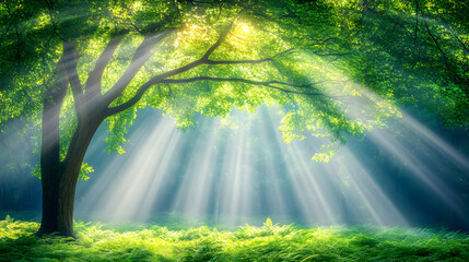 Obraz premium Sunbeams illuminate a lush green forest, showcasing a majestic tree and vibrant ferns. Tranquil and serene nature scene.