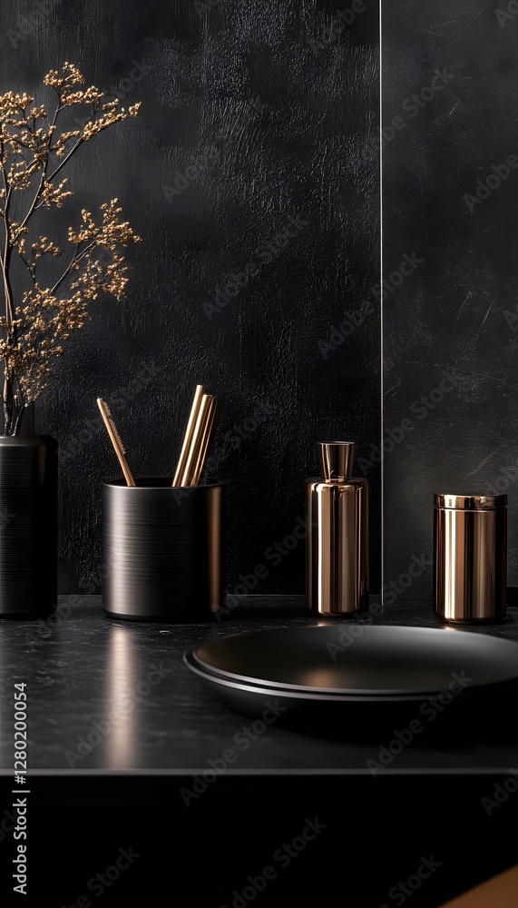 Poster a minimalistic arrangement featuring black objects with golden highlights