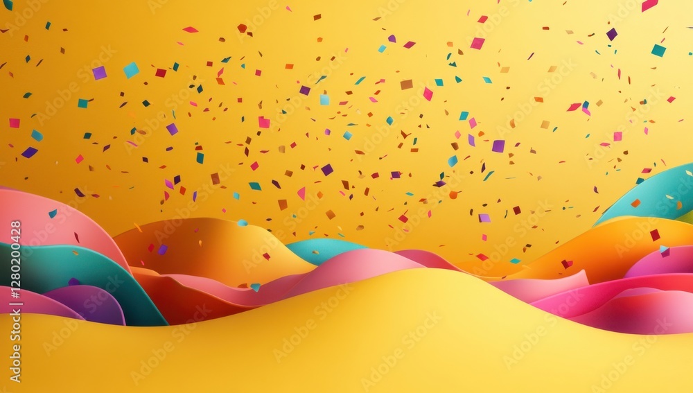 Poster vibrant colorful abstract background with wavy patterns and confetti on bright yellow warm color pal