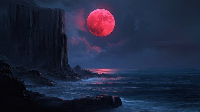 Dramatic red moon over a dark ocean and rocky cliffs in a fantasy landscape - Powered by Adobe