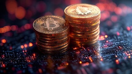 Dynamic financial investment concept – stacked coins with trading graph growth and stock market visualization for banking, digital economy, and cryptocurrency innovation on dark background