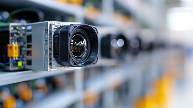 Industrial camera close-up, factory background