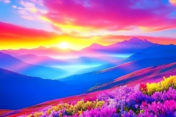 Selbstklebende Fototapeten Vibrant sunrise over colorful mountain range and wildflowers.  A breathtaking landscape perfect for desktop backgrounds or inspirational imagery. © Swaha