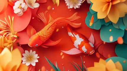 Paper Koi fish swim in floral pond, Asian art