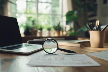 Fototapeta premium Magnifying Glass on Documents in Home Office