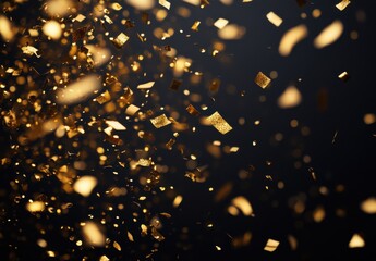 Vibrant golden confetti falling gracefully against a dark background, creating a festive atmosphere for celebrations and events