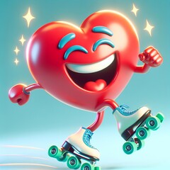 Fototapeta premium Joyful Heart on Skates: A cheerful, animated heart character, radiating happiness and energy, zooms along on roller skates, leaving a trail of sparkles in its wake. 