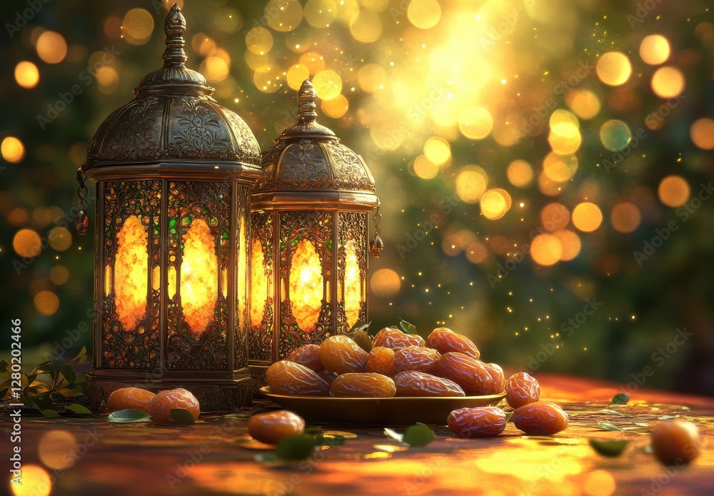 Poster warm lanterns with soft glow and sweet dates on wooden table surrounded by glimmering bokeh effect a