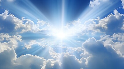 Heavenly rays of sunshine bursting through fluffy white clouds creating a breathtaking celestial scene of hope and serenity with vibrant blue skies and radiant light.
