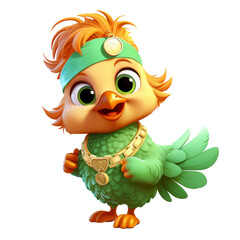 A cartoon bird wearing a green hat and gold necklace. isolated on transparent background