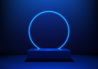 futuristic neon blue circle glowing on dark 3d platform, minimalist technology concept for modern design and digital showcase