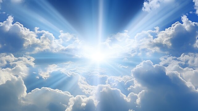 Heavenly rays of sunshine bursting through fluffy white clouds creating a breathtaking celestial scene of hope and serenity with vibrant blue skies and radiant light.