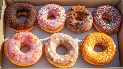 Brightly colored donuts displayed in a box ready for sharing at a casual gathering in the afternoon sunlight