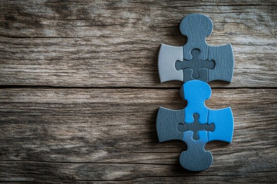 Wooden puzzle pieces; solution on weathered wood; teamwork concept