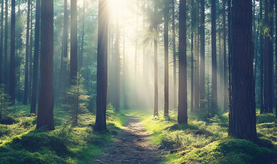 Fototapeta premium Serene sunlit path winding through a mystical forest. Perfect for nature, tranquility, and peace themes.