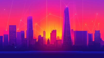 Fototapeta premium Sunset skyline with vibrant colors and digital connections.