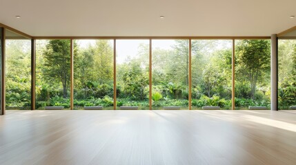 Fototapeta premium Bright Indoor Space with Large Windows Overlooking Lush Greenery