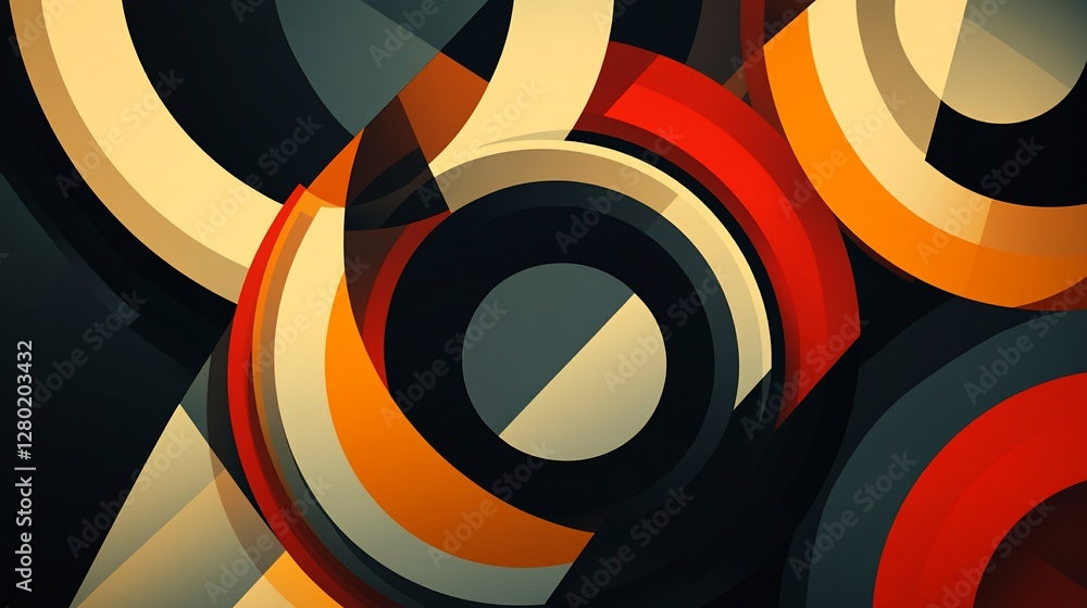 Poster abstract geometric pattern with overlapping circles in dark tones and vibrant colors.