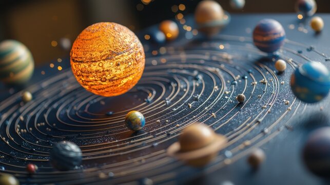 A model of the solar system with planets orbiting the sun.