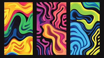 Abstract colorful fluid dynamic patterns, multiple sections, background, graphic design, mobile wallpaper