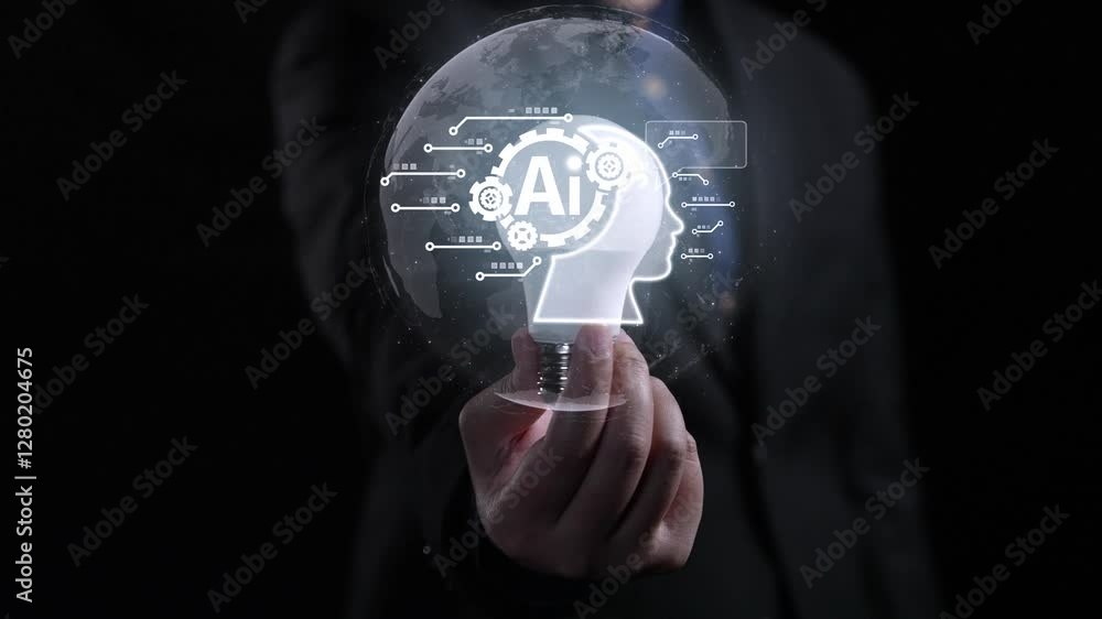 Poster human interact with ai artificial intelligence brain processor in concept of ai artificial intellige