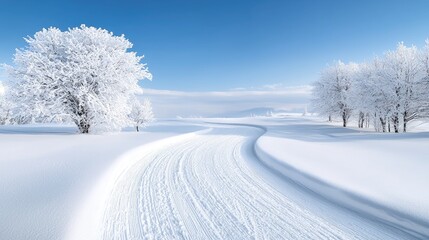 Obraz premium Winding snowy path, winter landscape, trees, clear sky