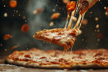 Delicious Pepperoni Pizza Slice with Melting Cheese in Motion