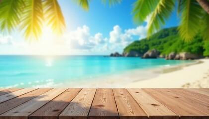 Fototapeta premium Tropical beach scene, blurred ocean, sun, clouds, wooden table , product placement, promotional, clouds