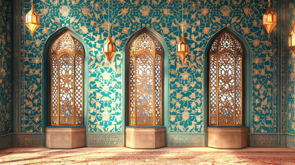 Obraz premium elegant islamic architecture interior with ornate arched windows featuring teal walls and gold accents