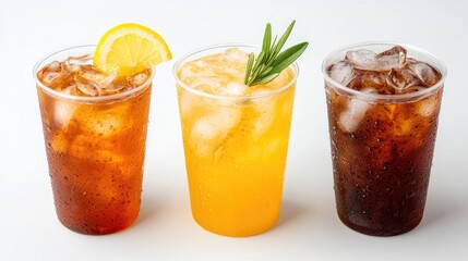 Fototapeta premium Iced drinks, three plastic cups, lemon, ice, rosemary. Beverages, refreshing drinks