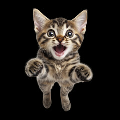 Obraz premium little cat in mid-jump surprising face, exuding energy and liveliness. The illustration showcases the agile movements of the cat, with its body gracefully on transparent background.