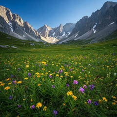 Fototapeta premium alpine meadow with wildflowers. alpine meadow in the mountains. mountain valley with flowers.