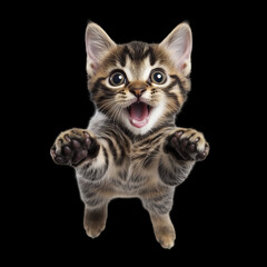 Obraz premium little cat in mid-jump surprising face, exuding energy and liveliness. The illustration showcases the agile movements of the cat, with its body gracefully on transparent background.