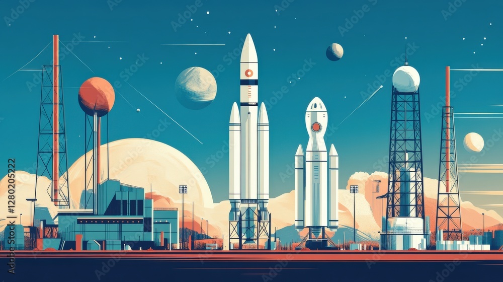 Poster futuristic rocket launch site with multiple rockets, planets in the background, and advanced technol