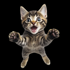 Fototapeta premium little cat in mid-jump surprising face, exuding energy and liveliness. The illustration showcases the agile movements of the cat, with its body gracefully on transparent background.