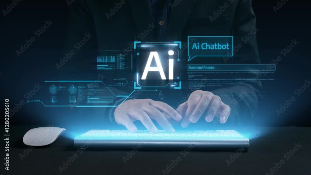 Poster human interact with ai artificial intelligence virtual assistant chatbot in concept of ai artificial