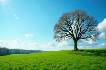 Fototapeta premium Serene Landscape Featuring a Solitary Tree on a Verdant Hill Under a Bright, Sunny Sky