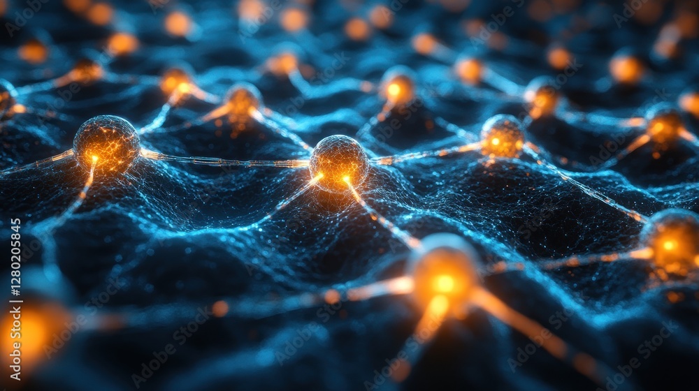 Poster glowing network nodes connect on a digital landscape, illustrating data flow