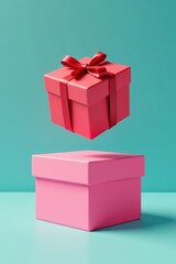 Floating red gift box over empty pink box, surreal scene, background, empty