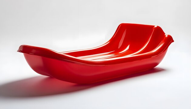 Shiny red plastic toboggan sits on white studio backdrop