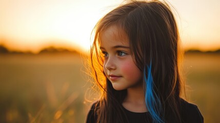 Fototapeta premium A young girl with blue hair and freckles gazing into the distance