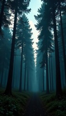 Obraz premium Dark forest with tall trees stretching towards sky, nature, trees, forest