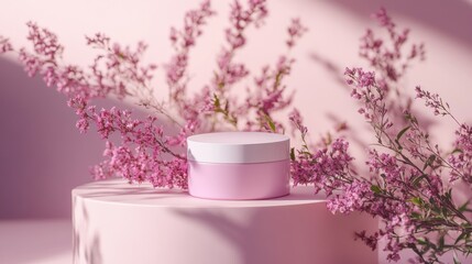 Pink Beauty Cream Jar with Flowers, Soft and Elegant Product Photography