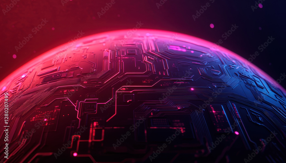 Poster vibrant digital landscape featuring planet with intricate circuit patterns, showcasing advanced tech