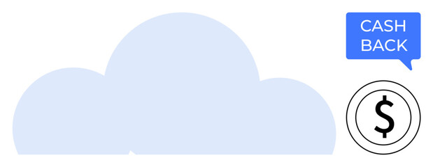 Cloud icon and cash back sign and dollar coin reflect data storage, financial incentives, and modern payment systems. Ideal for finance, cloud computing, rewards programs, digital currency, savings