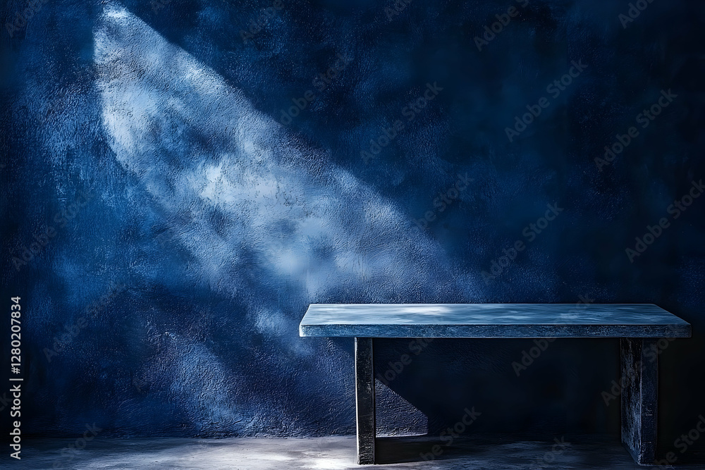Poster dramatic blue background with spotlight and a rustic table setup for displays